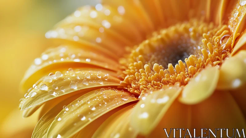 Yellow gerbera macro reveals dewdrops and radiant petals.