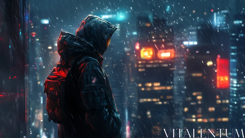 Hooded lone figure in neon rain against blurred cyberpunk skyline
