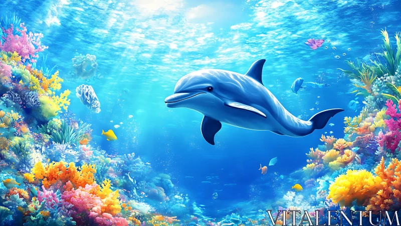 Playful dolphin glides through a colorful coral reef world