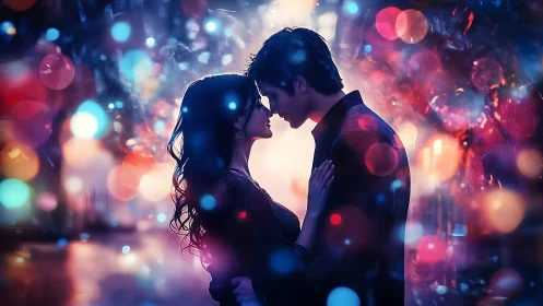 Silhouetted couple framed by glowing bokeh lights in dreamlike embrace.