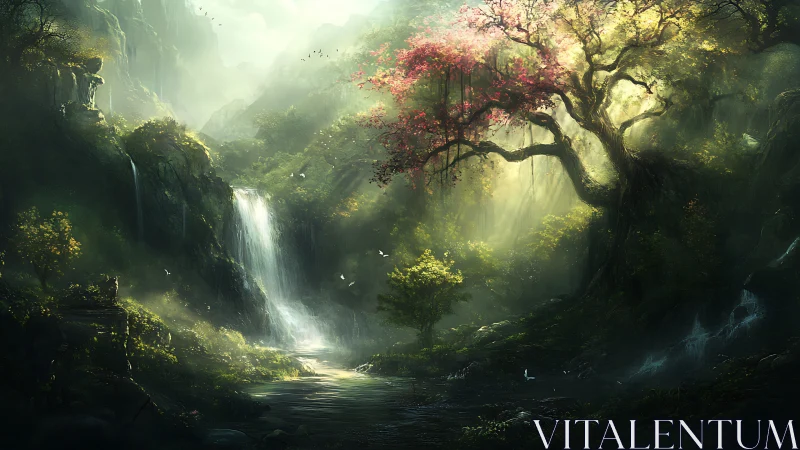 Enchanted Forest Waterfall Valley with Mystical Light
