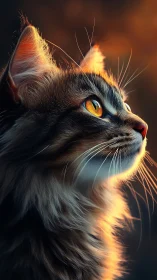 Cat head with amber eyes in warm golden light.