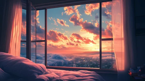 Sunrise cityscape viewed from soft, unmade bedroom bed.