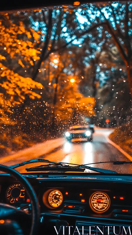 Rain-soaked windshield framing neon-lit forest road.