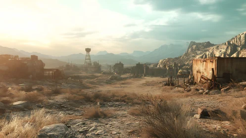 Desert industrial ruins under cloudy sky with distant mountains.