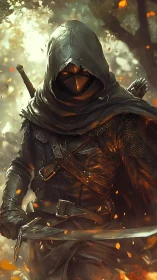 Hooded rogue swordsman in ember-lit woodland ambience.