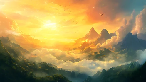 Radiant sunrise over misty fantasy mountain valley panorama.