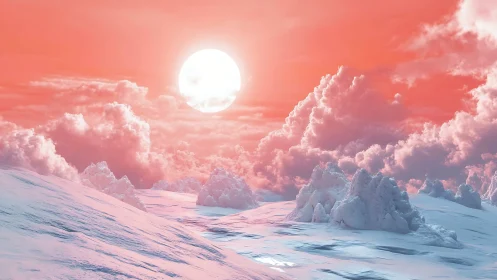 Icy terrain under large sun and dense pink cloud field.