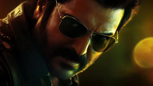 Cinematic close-up of stern man in sunglasses under neon backlight