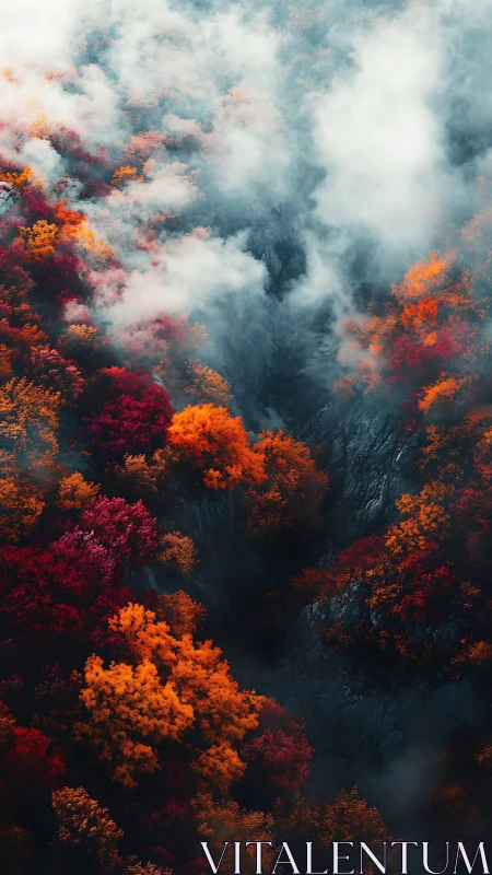 Aerial Autumn Valley with Stratified Mist and Deciduous Canopy.