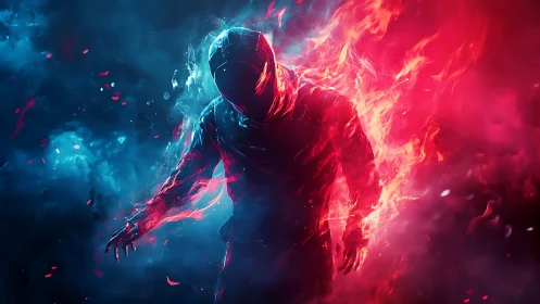 Hooded humanoid figure in blue and red opposing energy fields.