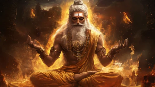 Ascetic fire yogi in luminous combustion field meditation.