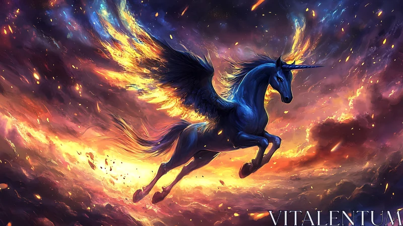 Fiery winged unicorn soars through a blazing cosmic storm.