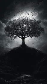 Luminous night tree rises above shadows in a stormy sky