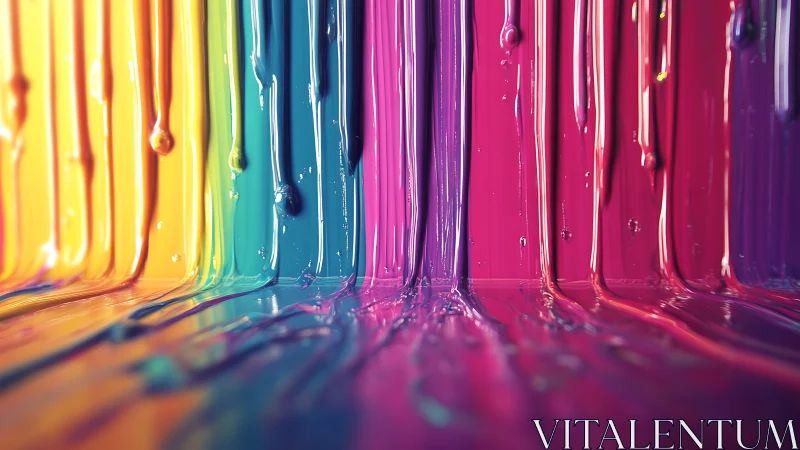 Vertical streams of multicolored glossy liquid paint.