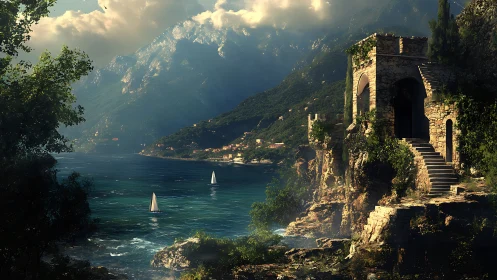 Stone coastal structure overlooks bay with mountains beyond