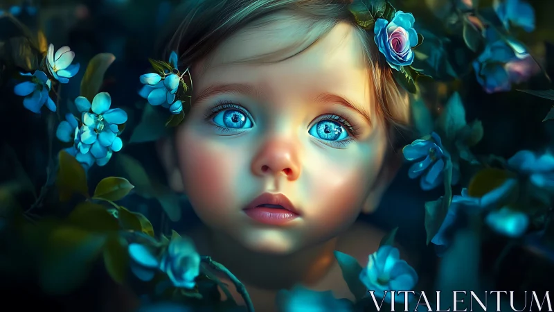 Child Surrounded by Luminous Blue Flowers. Digital Portrait.