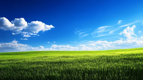 Vibrant green meadow under deep blue cumulus sky panorama.