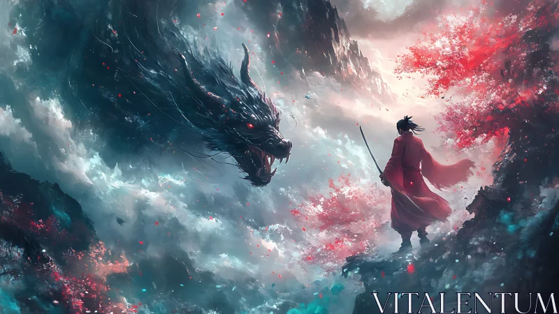 Samurai confronts storm dragon amid crimson blossoms.