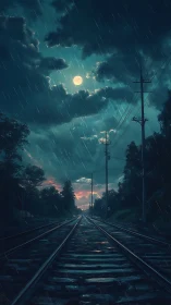 Railway tracks under moonlit storm clouds during rainfall
