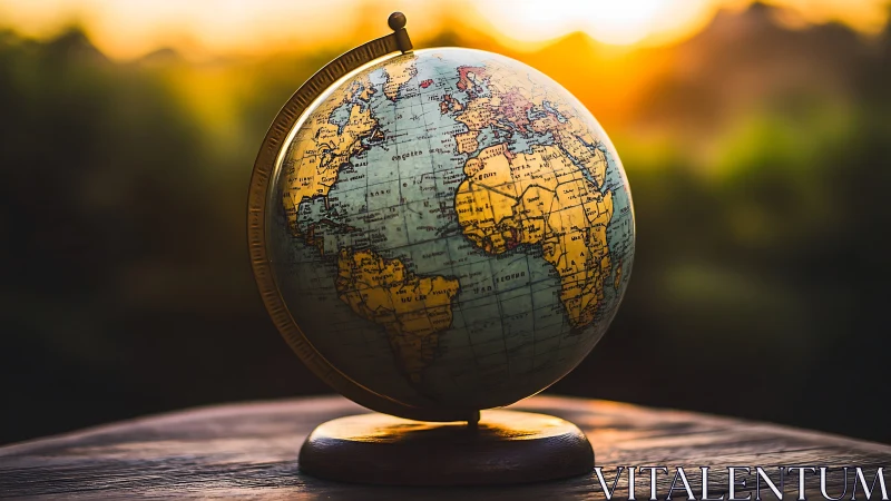 Vintage world globe on wooden table at sunset.