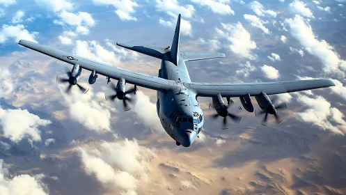 Military turboprop transport aircraft cruises above desert clouds