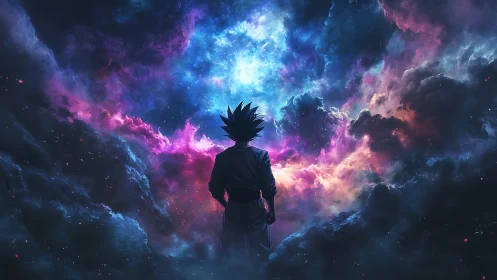 Cosmic warrior gazes into a glowing nebula sky of destiny