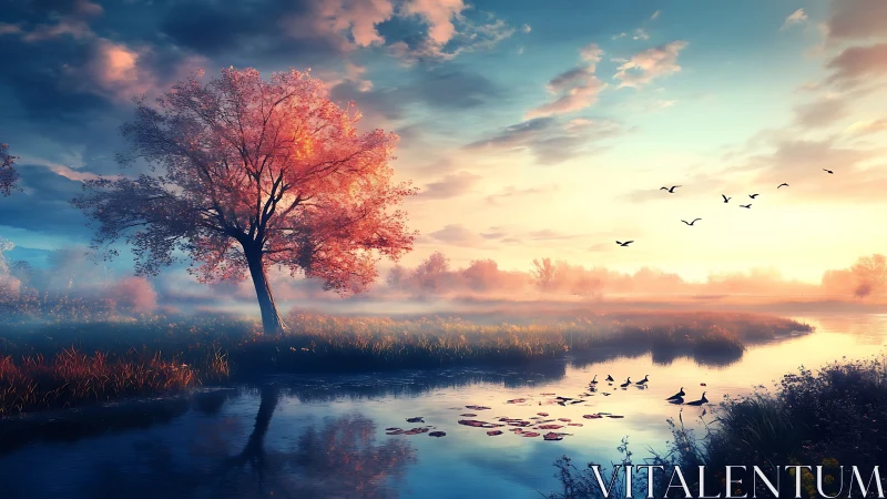 Autumn riverside at sunrise with mist, waterfowl and soft haze