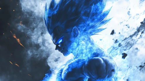 Blazing blue warrior charging through a storm of light.