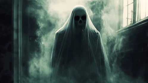 Veiled skull wraith glides through toxic hallway fog.