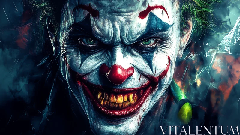 Sinister neon clown grins through stormy painted chaos.