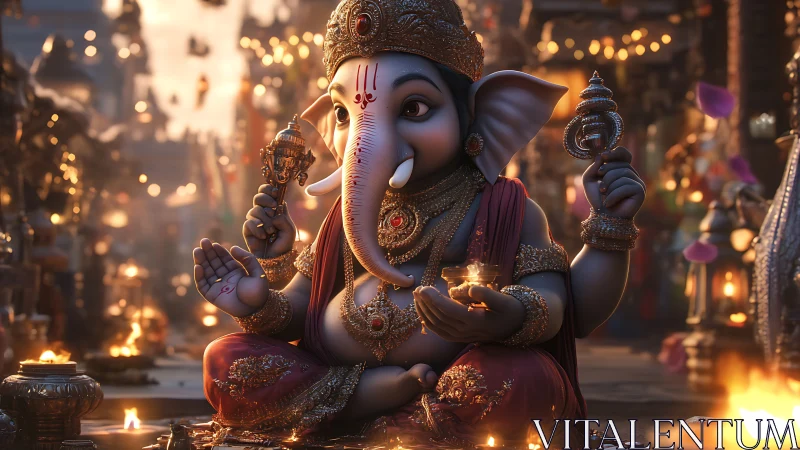 Rendered Ganesha idol illuminated by ritual lamps in festive courtyard