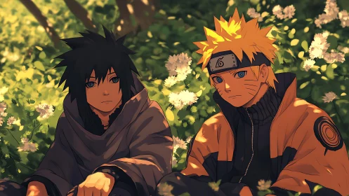 Sunlit anime duo resting quietly in blooming meadow.
