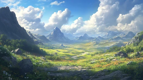 Expansive mountain valley rendered with high-depth atmospheric perspective