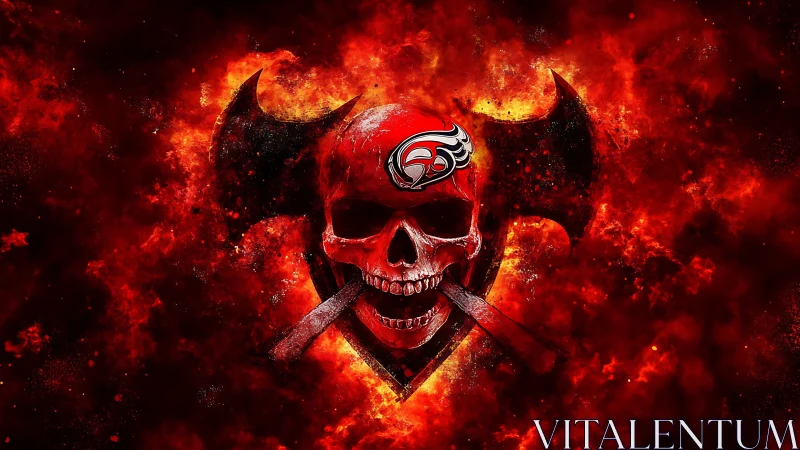 Fiery red skull emblem blazes amid molten inferno clouds