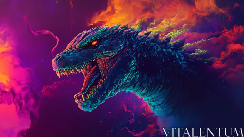 Bioluminescent kaiju head rendered in high-contrast neon vapor clouds