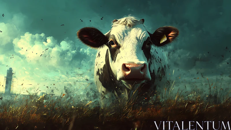 Cinematic digital painting of a cow in stormlit pasturescape.