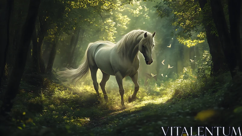Luminous white stallion traversing volumetric forest light field.