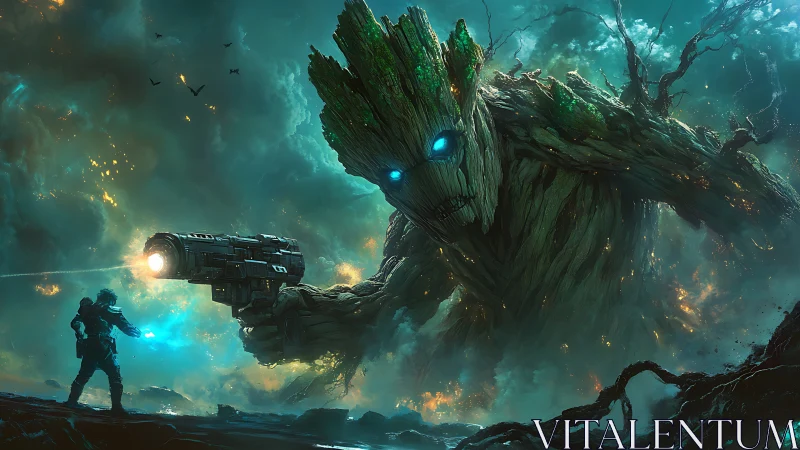 Colossal bioluminescent tree titan confronts armed astronaut