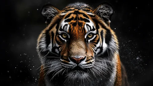 Midnight tiger forges through shadow with ember-bright eyes