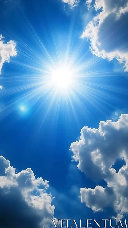 Radiant midday sun bursts through bright cumulus clouds.