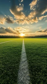 Golden sunset over a quiet green sports field landscape.