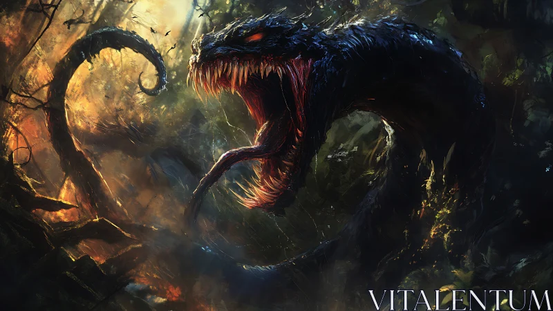 Predatory serpentine beast coils through backlit jungle undergrowth