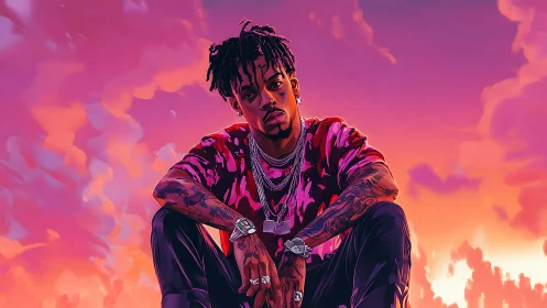 Sunset portrait of tattooed rapper in neon gradient sky.