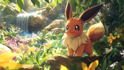 Eevee stands in detailed forest clearing near waterfall