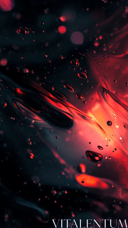 Abstract red liquid currents with floating droplets glow.
