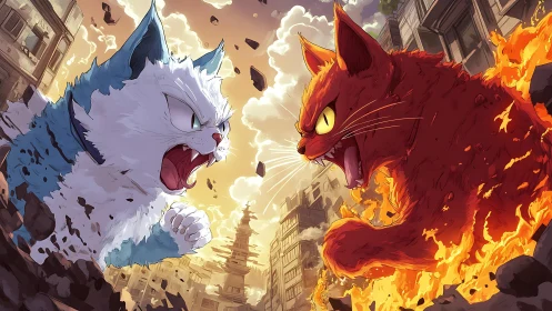 Two Mighty Cats Clash in Epic Urban Battle.