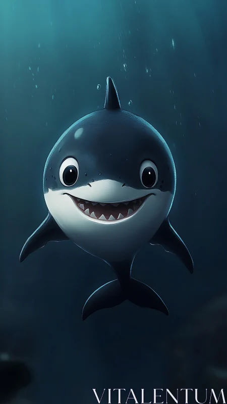 Bubble-toothed baby shark beams in the midnight blue deep.