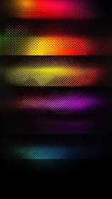 Layered neon gradients with halftone dots and diagonal lines.