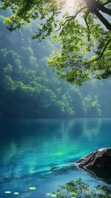 Sunlit forest canopy over tranquil turquoise mountain lake.